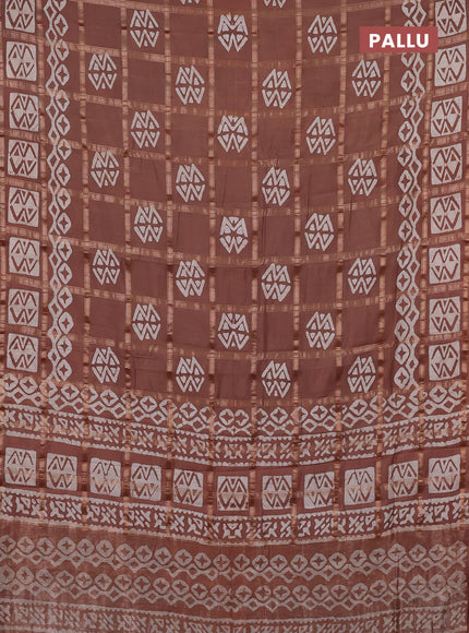 Semi chanderi saree brown with allover zari checks & batik prints in borderless style