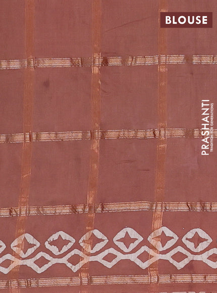 Semi chanderi saree brown with allover zari checks & batik prints in borderless style