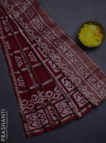 Semi chanderi saree maroon with allover zari checks & batik prints in borderless style