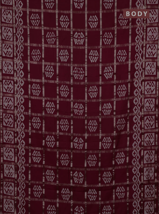Semi chanderi saree maroon with allover zari checks & batik prints in borderless style