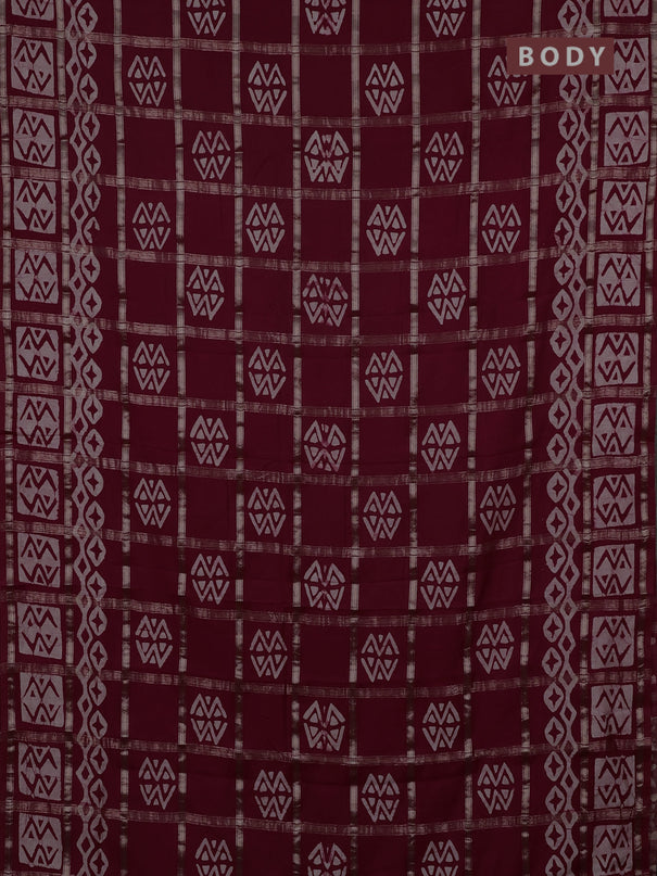 Semi chanderi saree maroon with allover zari checks & batik prints in borderless style