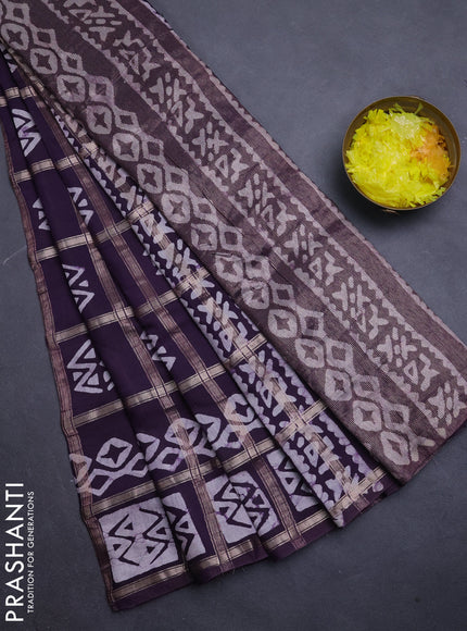Semi chanderi saree jamun shade with allover zari checks & batik prints in borderless style