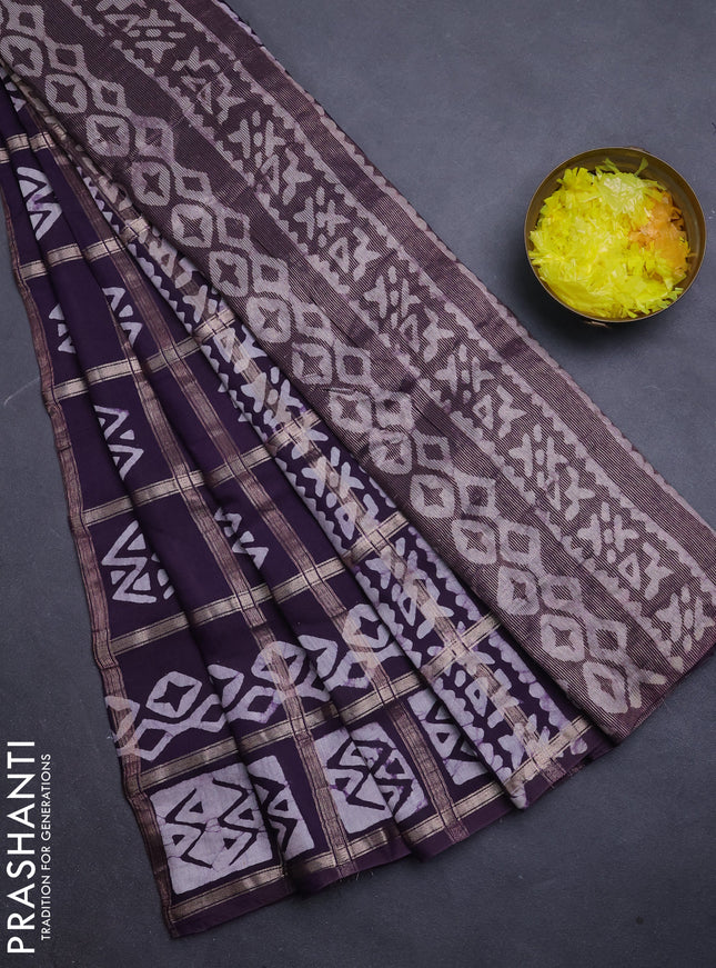 Semi chanderi saree jamun shade with allover zari checks & batik prints in borderless style