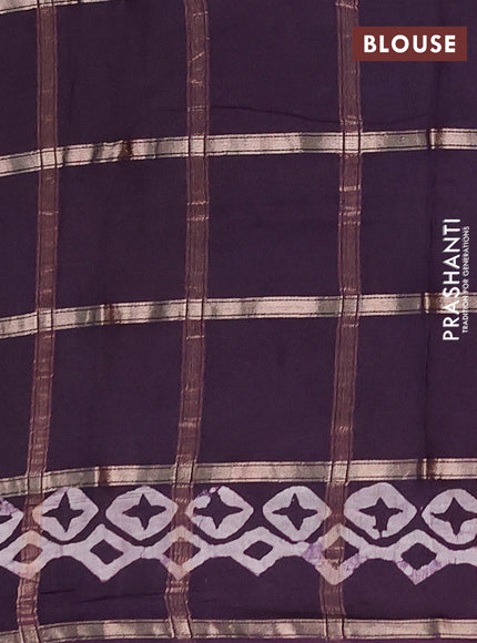 Semi chanderi saree jamun shade with allover zari checks & batik prints in borderless style