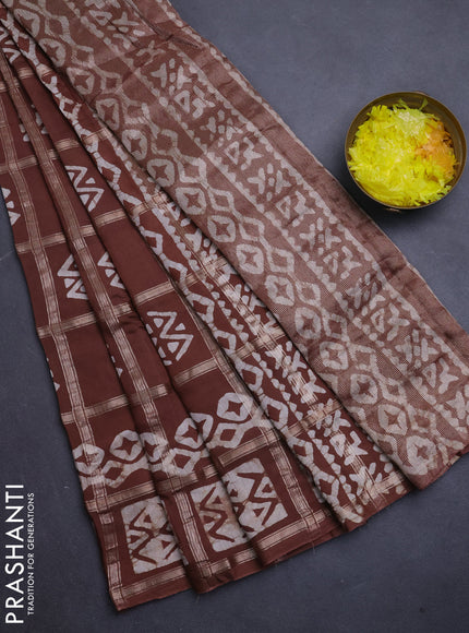 Semi chanderi saree brown with allover zari checks & batik prints in borderless style