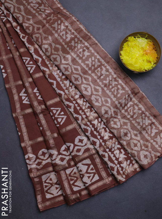 Semi chanderi saree brown with allover zari checks & batik prints in borderless style