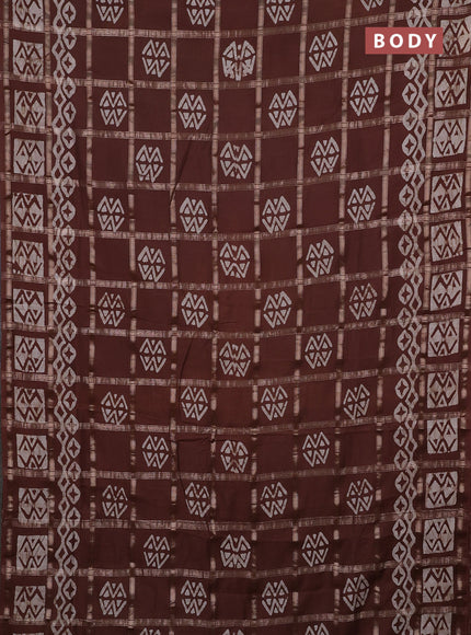 Semi chanderi saree brown with allover zari checks & batik prints in borderless style