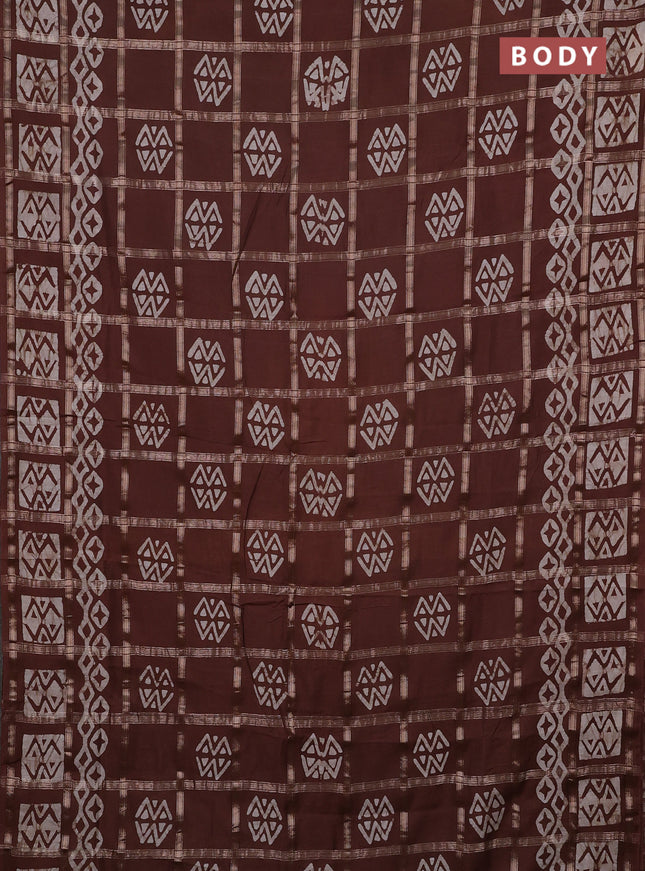 Semi chanderi saree brown with allover zari checks & batik prints in borderless style