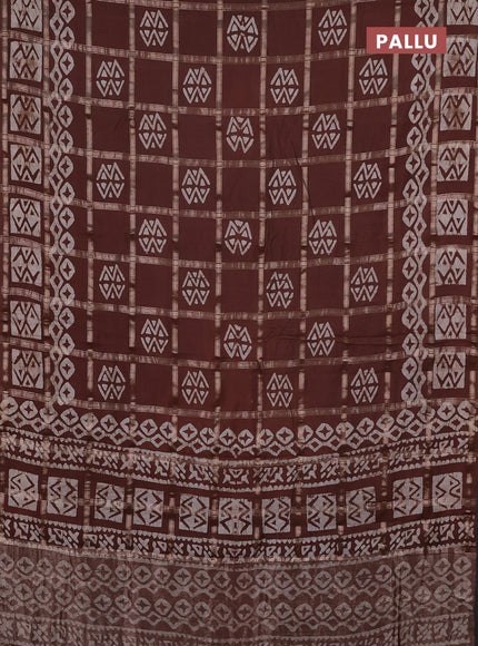 Semi chanderi saree brown with allover zari checks & batik prints in borderless style