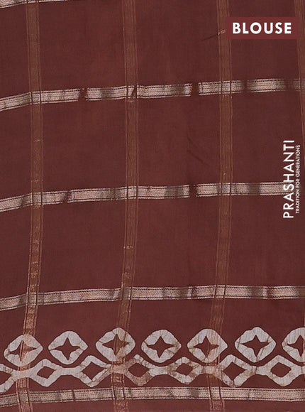 Semi chanderi saree brown with allover zari checks & batik prints in borderless style