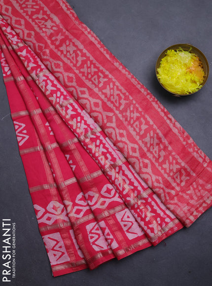 Semi chanderi saree peach pink with allover zari checks & batik prints in borderless style