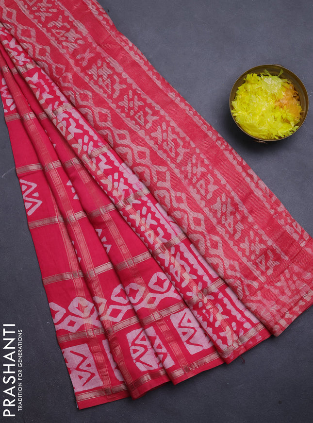 Semi chanderi saree peach pink with allover zari checks & batik prints in borderless style