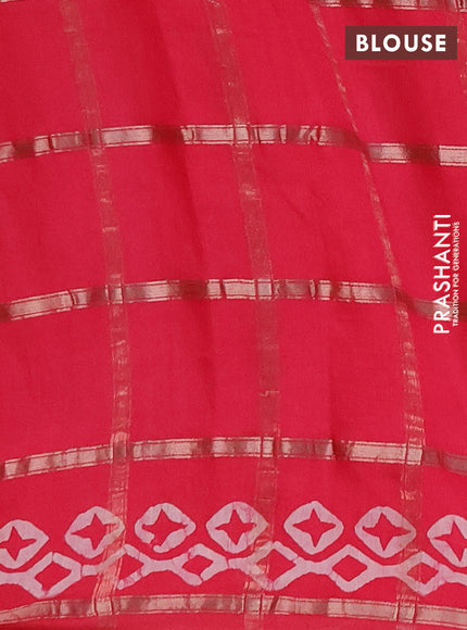 Semi chanderi saree peach pink with allover zari checks & batik prints in borderless style