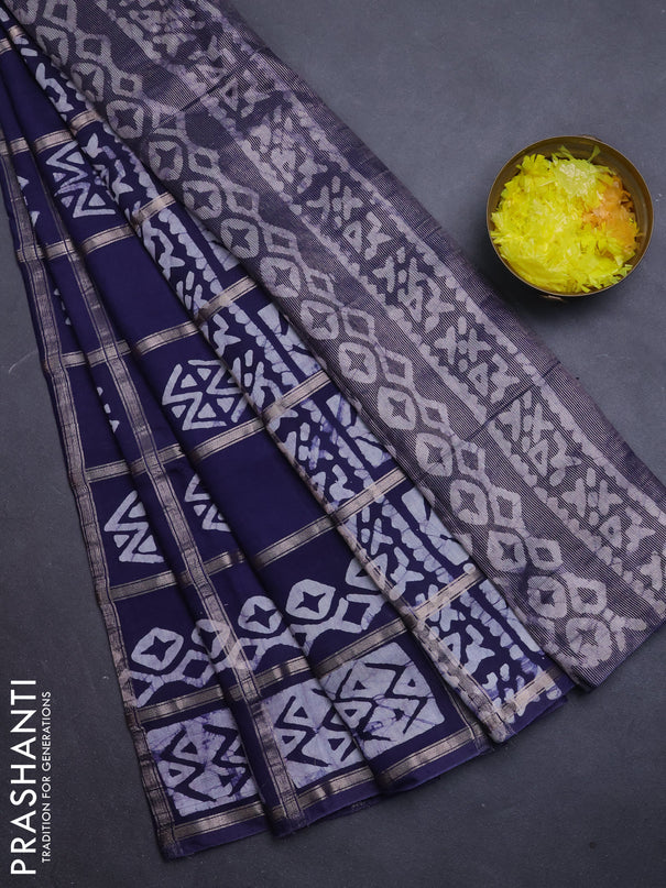 Semi chanderi saree navy blue with allover zari checks & batik prints in borderless style