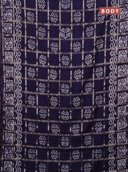Semi chanderi saree navy blue with allover zari checks & batik prints in borderless style