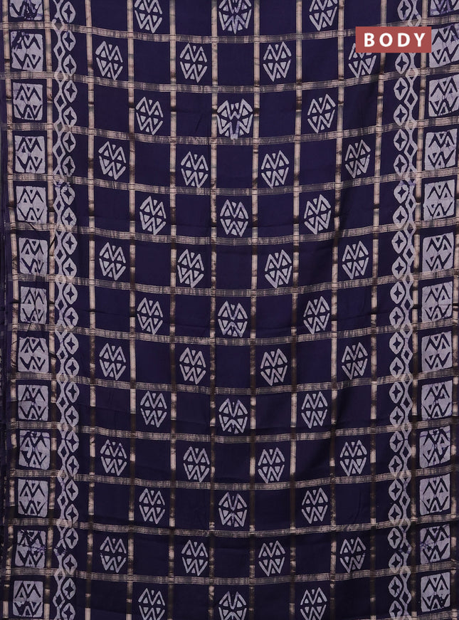 Semi chanderi saree navy blue with allover zari checks & batik prints in borderless style