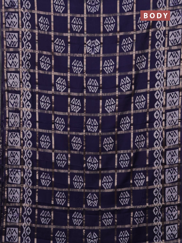 Semi chanderi saree navy blue with allover zari checks & batik prints in borderless style