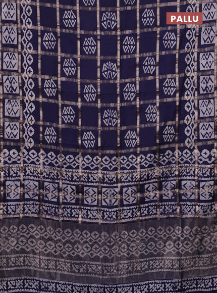 Semi chanderi saree navy blue with allover zari checks & batik prints in borderless style