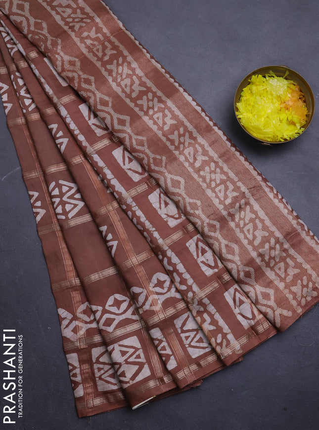 Semi chanderi saree brown with allover zari checks & batik prints in borderless style