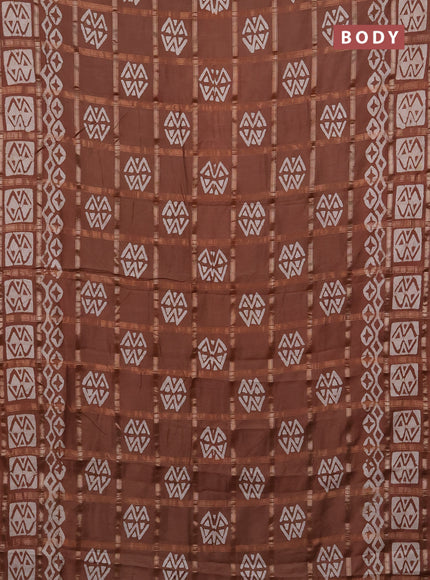 Semi chanderi saree brown with allover zari checks & batik prints in borderless style