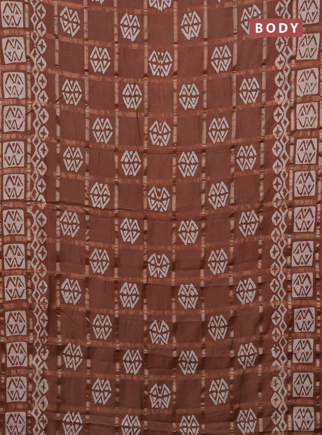 Semi chanderi saree brown with allover zari checks & batik prints in borderless style