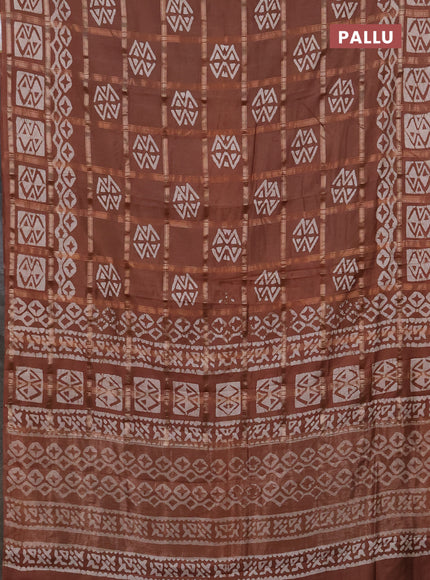 Semi chanderi saree brown with allover zari checks & batik prints in borderless style