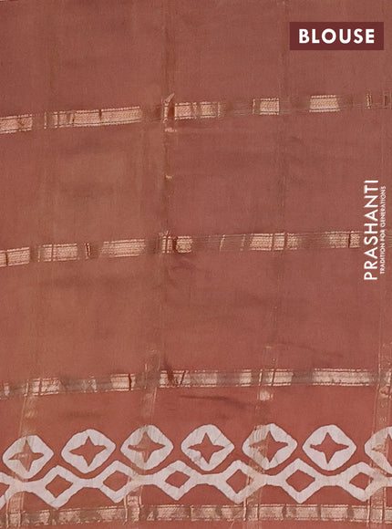 Semi chanderi saree brown with allover zari checks & batik prints in borderless style