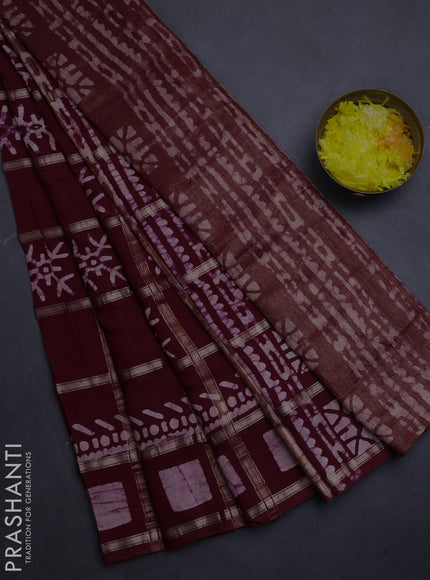 Semi chanderi saree deep maroon with allover zari checks & batik prints in borderless style