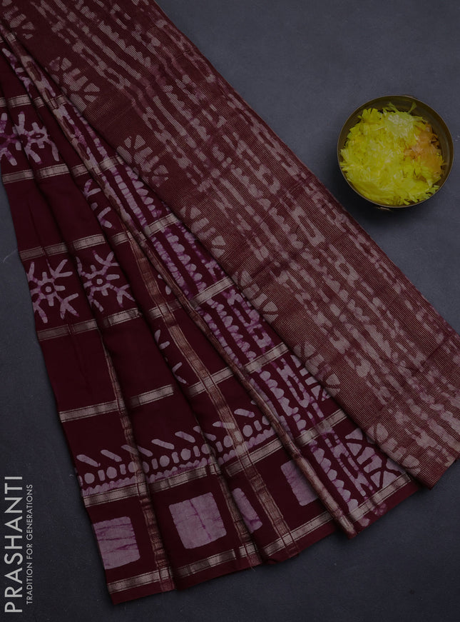 Semi chanderi saree deep maroon with allover zari checks & batik prints in borderless style
