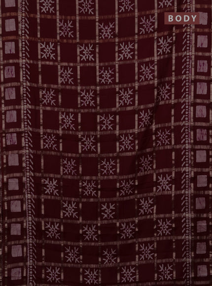 Semi chanderi saree deep maroon with allover zari checks & batik prints in borderless style
