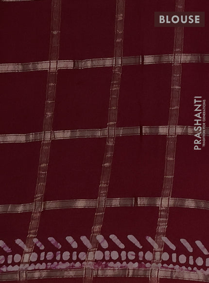 Semi chanderi saree deep maroon with allover zari checks & batik prints in borderless style