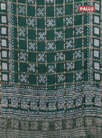 Semi chanderi saree green with allover zari checks & batik prints in borderless style