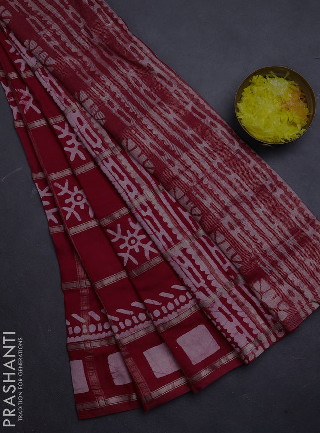 Semi chanderi saree red with allover zari checks & batik prints in borderless style