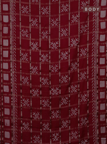 Semi chanderi saree red with allover zari checks & batik prints in borderless style