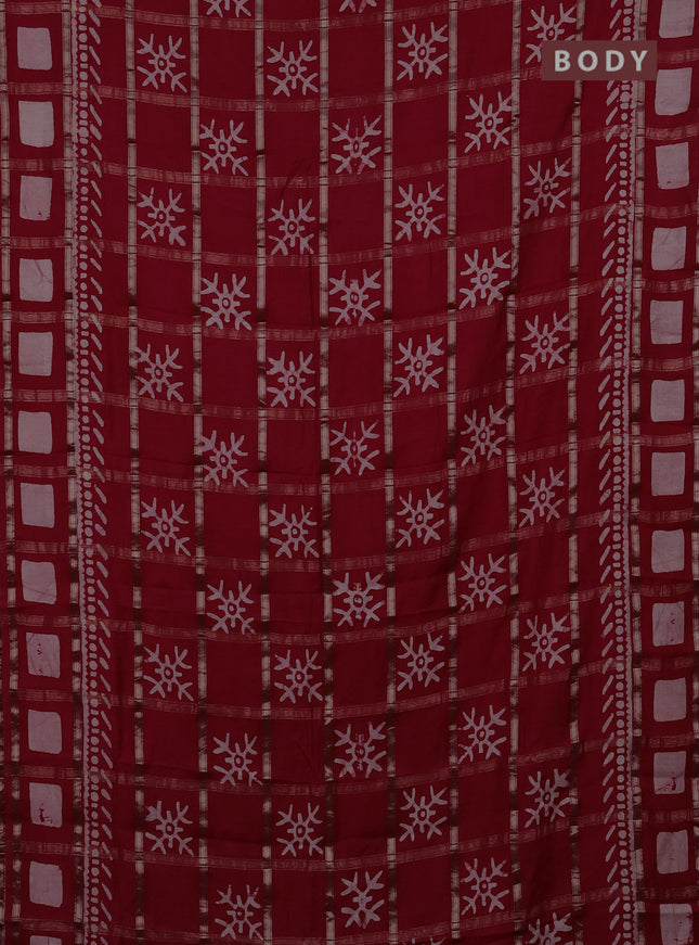 Semi chanderi saree red with allover zari checks & batik prints in borderless style