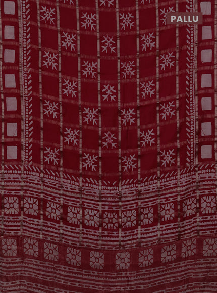 Semi chanderi saree red with allover zari checks & batik prints in borderless style