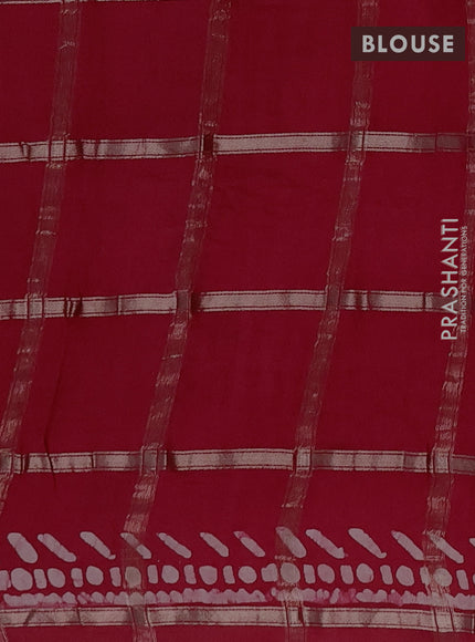 Semi chanderi saree red with allover zari checks & batik prints in borderless style