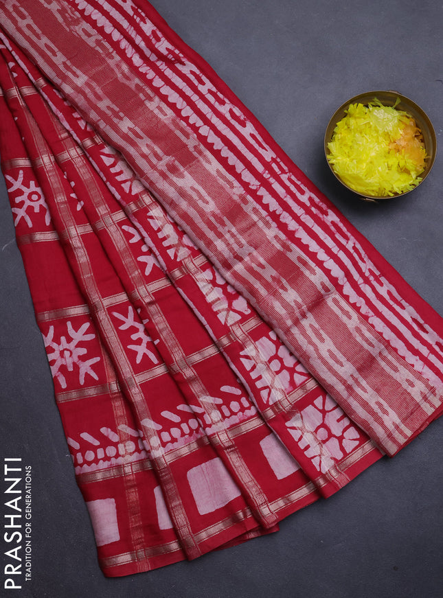 Semi chanderi saree red with allover zari checks & batik prints in borderless style