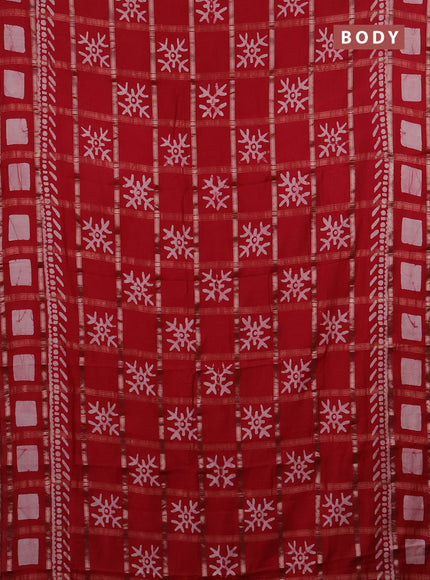 Semi chanderi saree red with allover zari checks & batik prints in borderless style