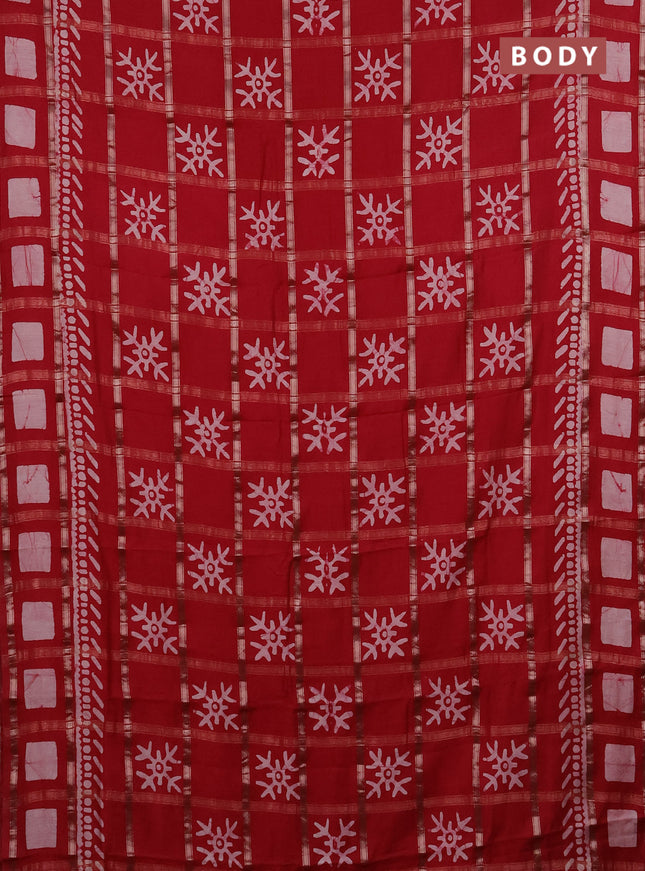 Semi chanderi saree red with allover zari checks & batik prints in borderless style