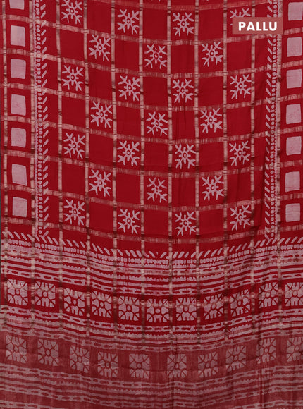 Semi chanderi saree red with allover zari checks & batik prints in borderless style