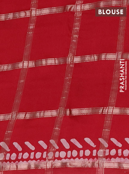 Semi chanderi saree red with allover zari checks & batik prints in borderless style