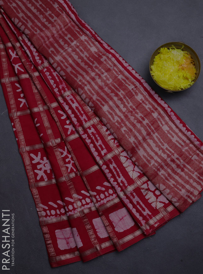 Semi chanderi saree red with allover zari checks & batik prints in borderless style