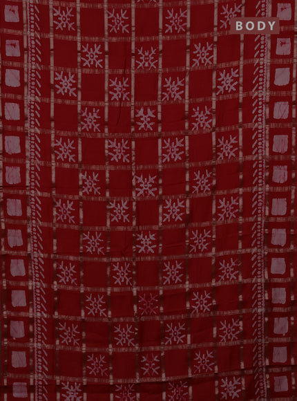 Semi chanderi saree red with allover zari checks & batik prints in borderless style