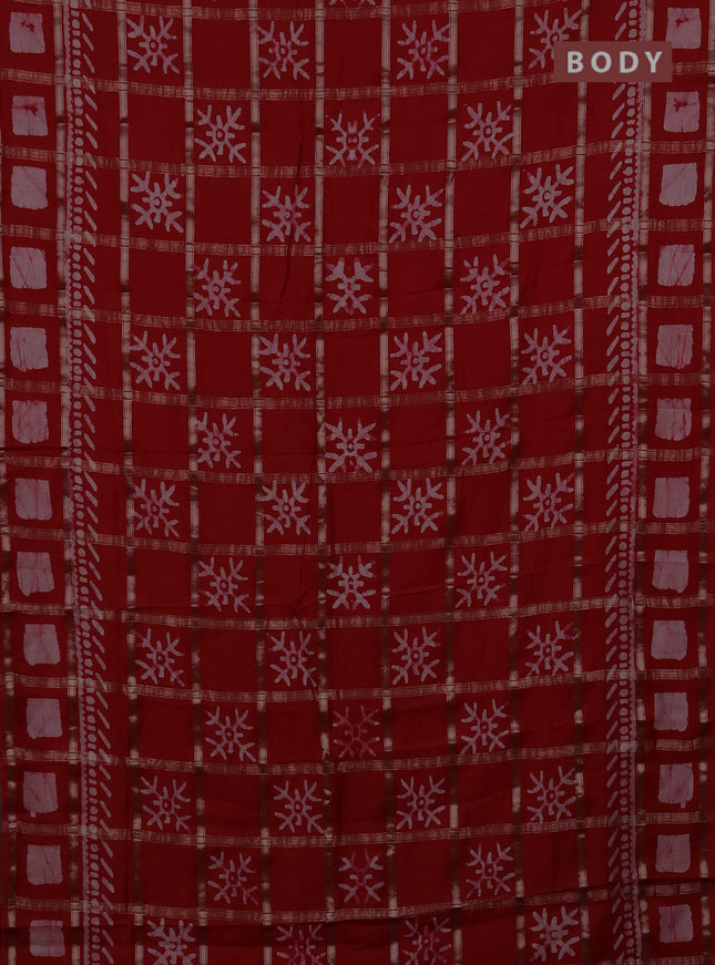 Semi chanderi saree red with allover zari checks & batik prints in borderless style