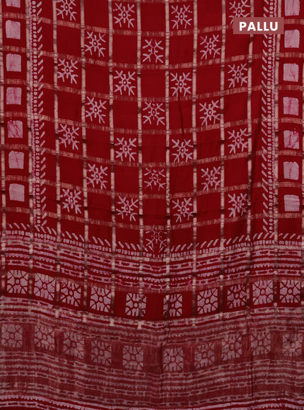 Semi chanderi saree red with allover zari checks & batik prints in borderless style