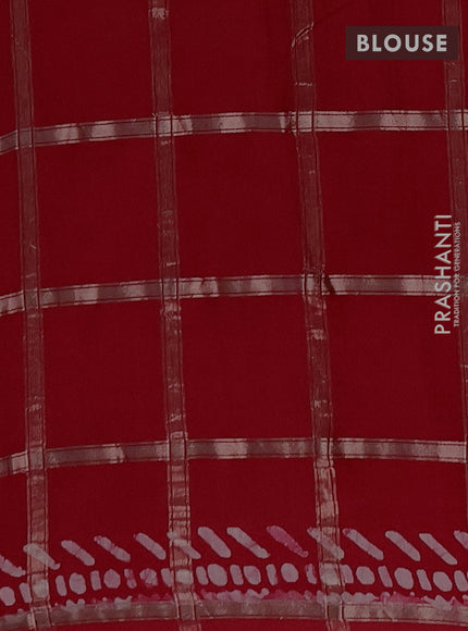 Semi chanderi saree red with allover zari checks & batik prints in borderless style