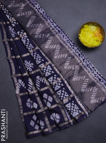 Semi chanderi saree navy blue with allover zari checks & batik prints in borderless style