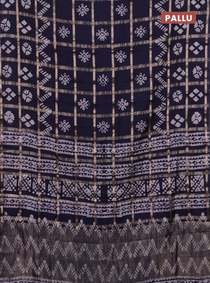 Semi chanderi saree navy blue with allover zari checks & batik prints in borderless style