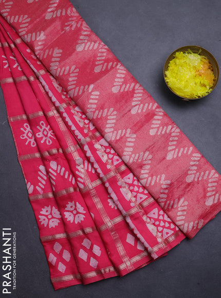 Semi chanderi saree peach pink with allover zari checks & batik prints in borderless style